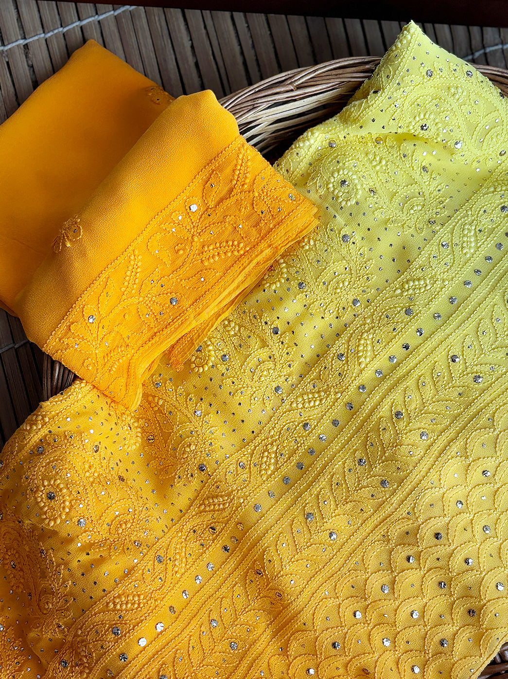 Saree with delicate chikankari thread work draped on model posing for ethnic fashion shoot.

