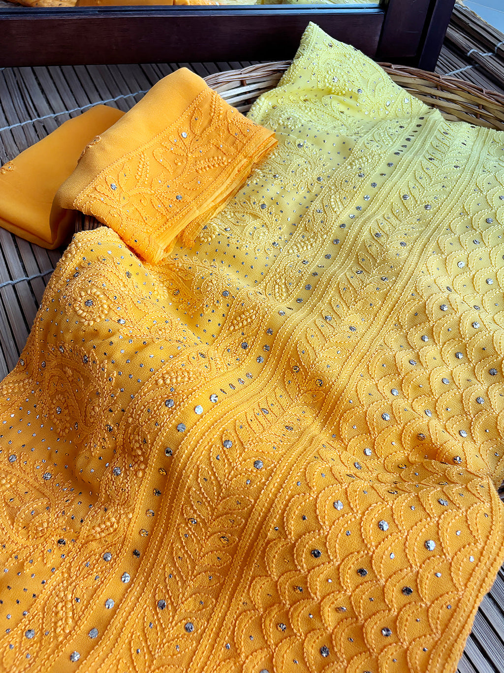 Yellow Rashi Viscose Chikankari Embroidered Saree