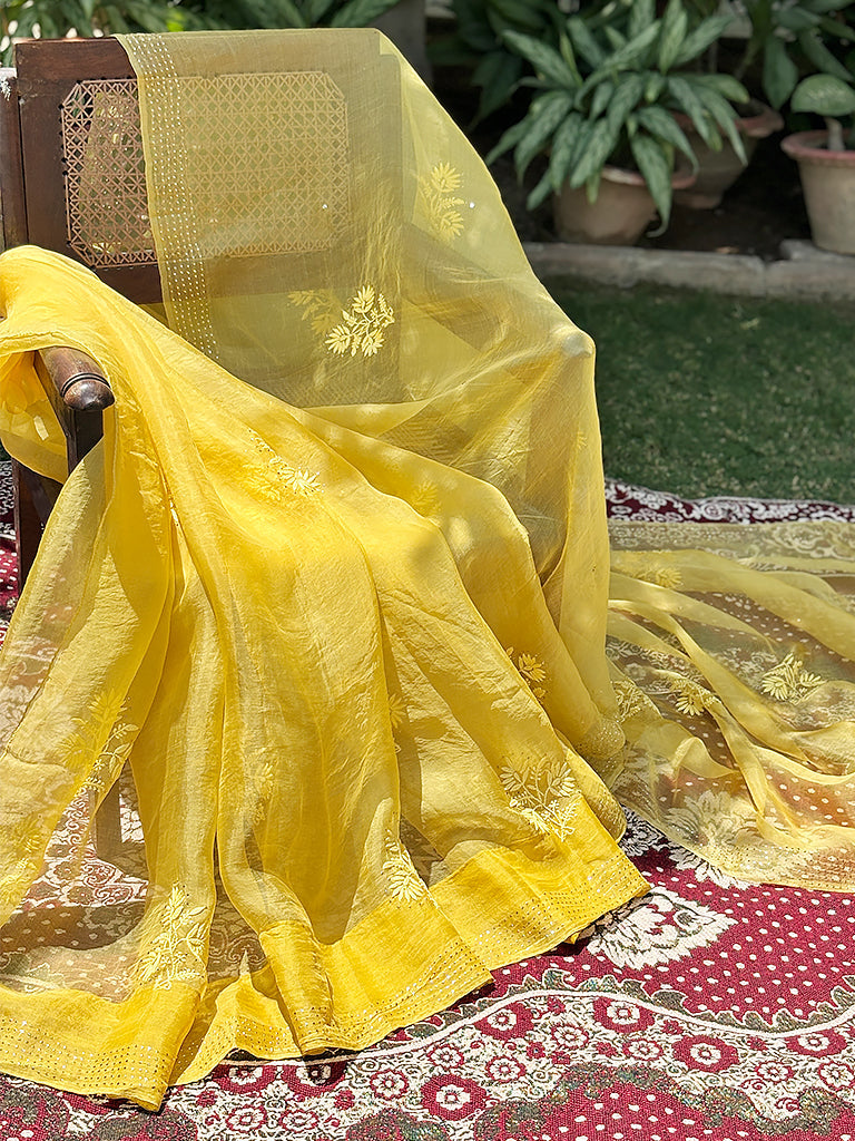 Yellow Organza Chikankari Embroidered Saree