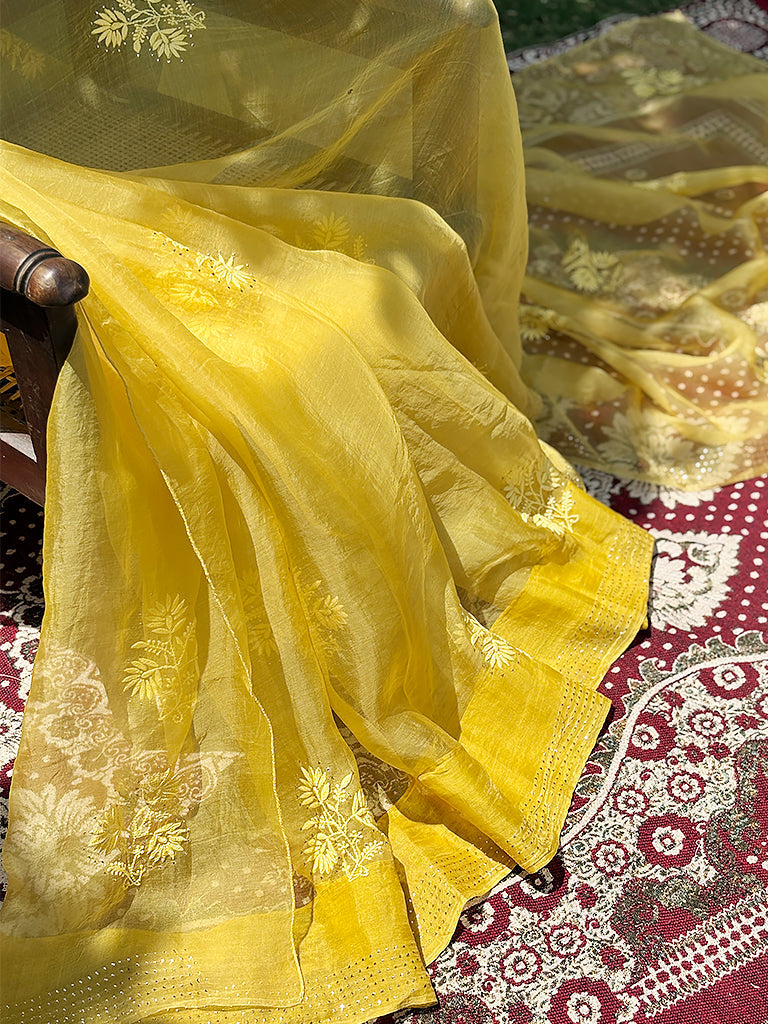 Yellow Organza Chikankari Embroidered Saree