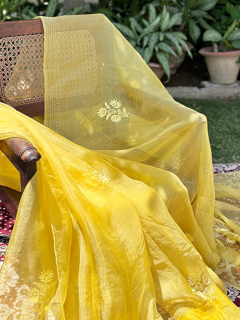 Yellow Organza Chikankari Embroidered Saree