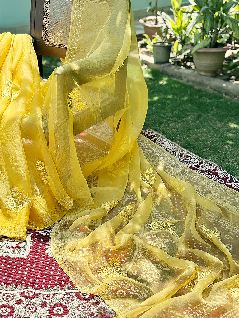 Yellow Organza Chikankari Embroidered Saree