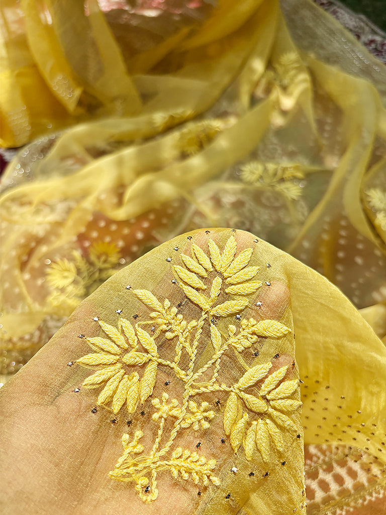 Yellow Organza Chikankari Embroidered Saree