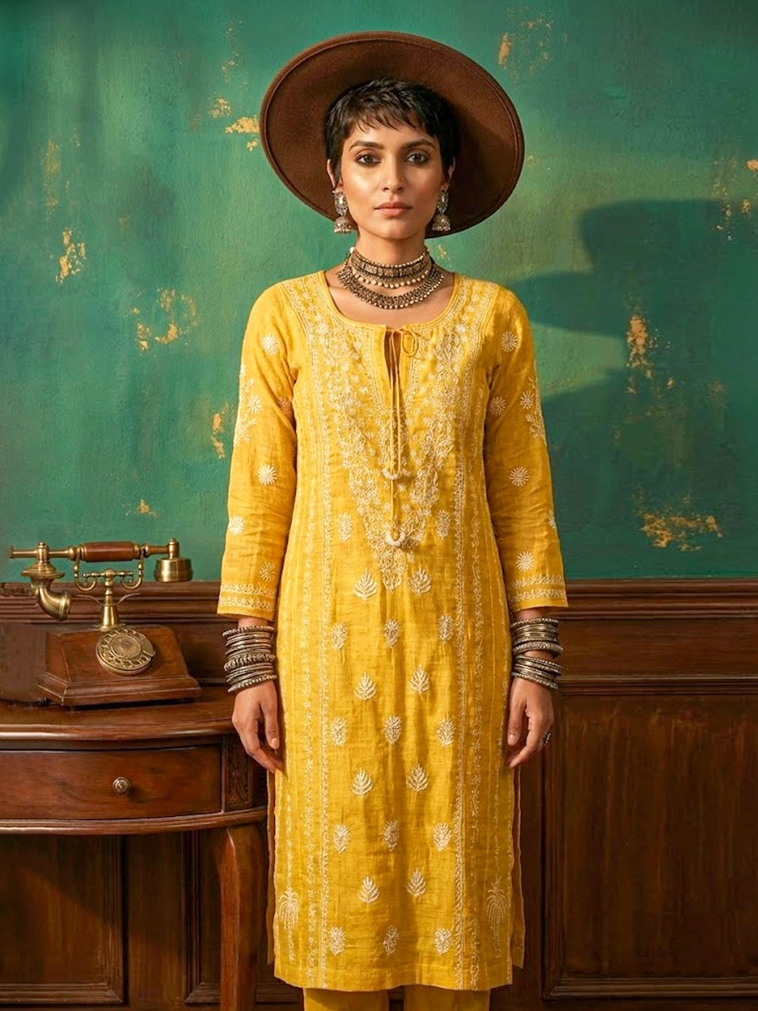 Roomi Tissue Silk Chikankari Kurta - Yellow
