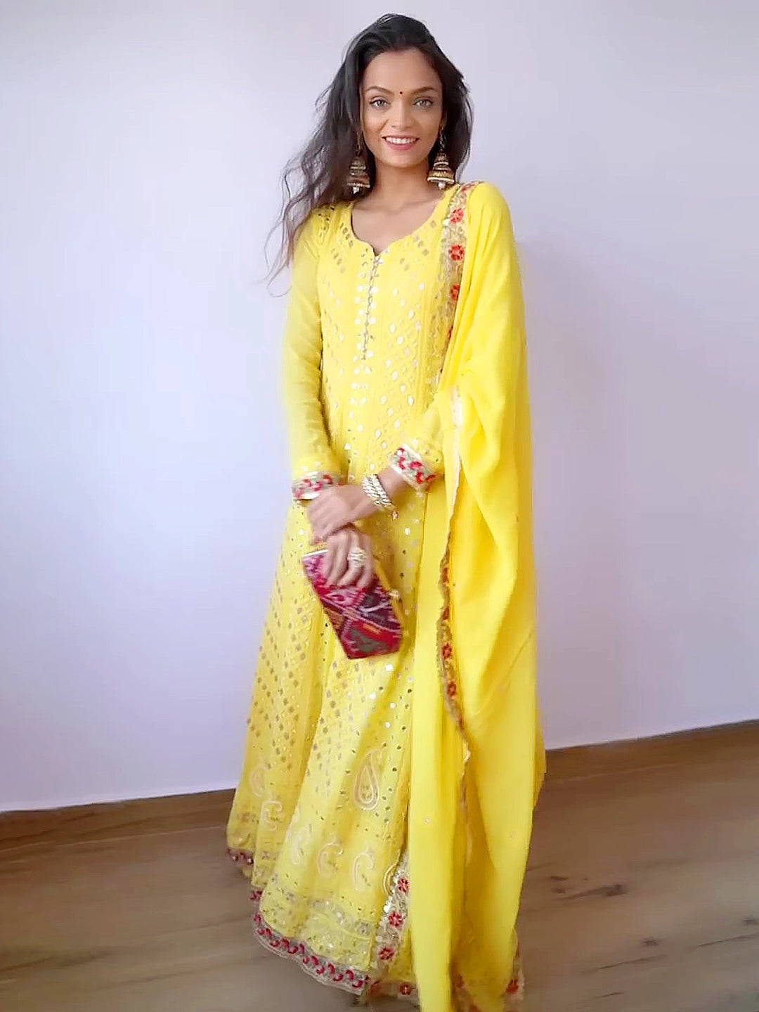 Yellow Sufiya Viscose Chikankari Anarkali With Dupatta