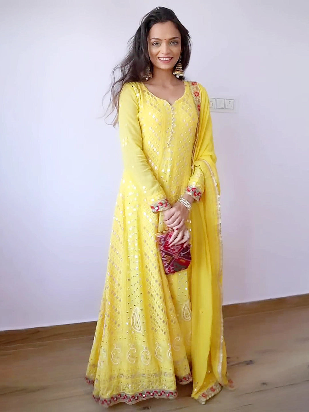 Yellow Sufiya Viscose Chikankari Anarkali With Dupatta