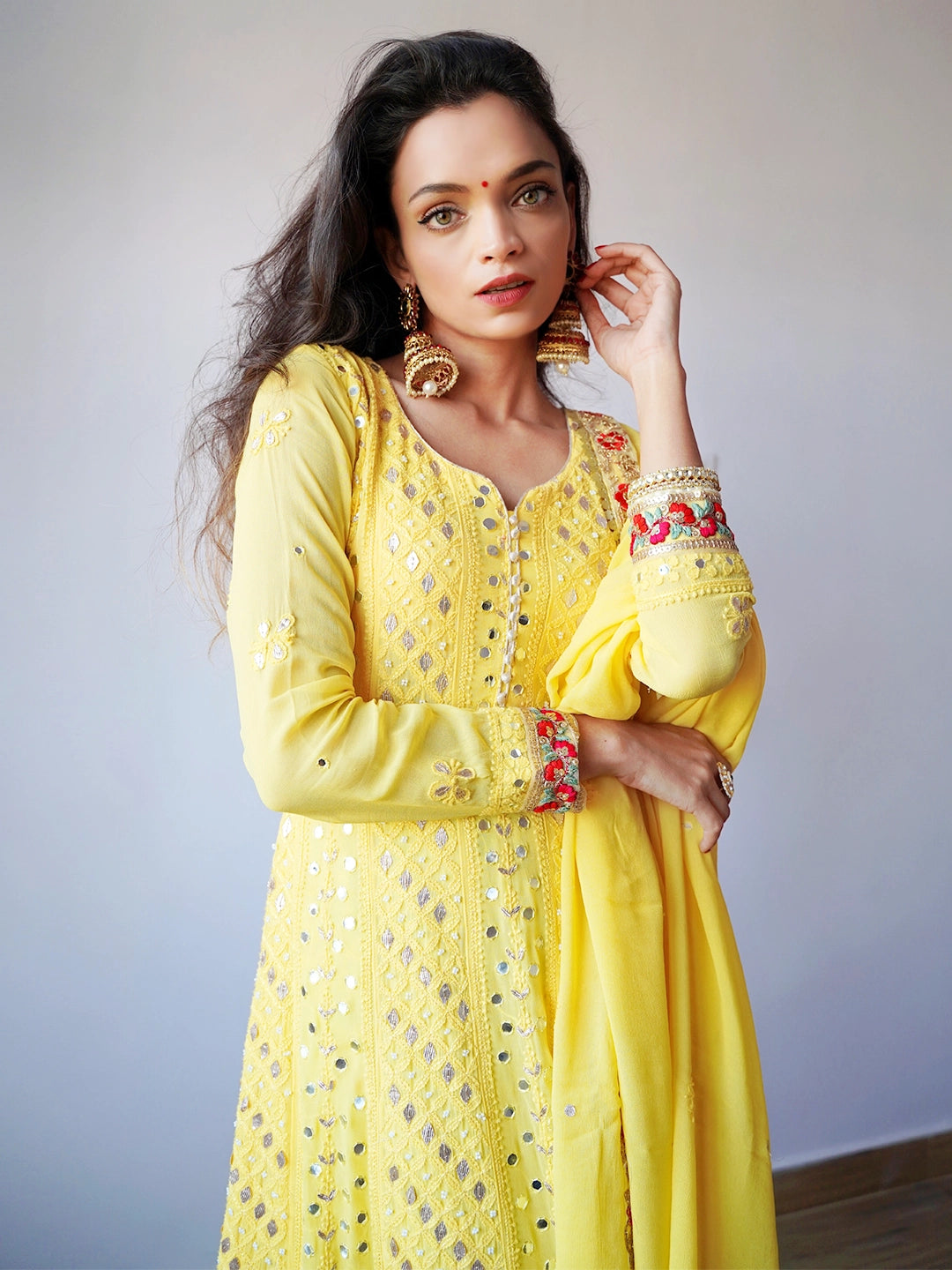 Yellow Sufiya Viscose Chikankari Anarkali With Dupatta