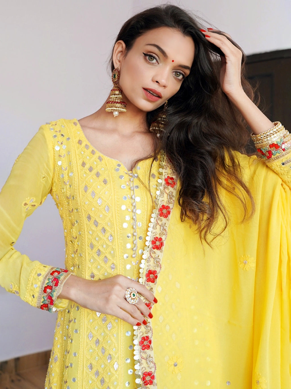 Yellow Sufiya Viscose Chikankari Anarkali With Dupatta