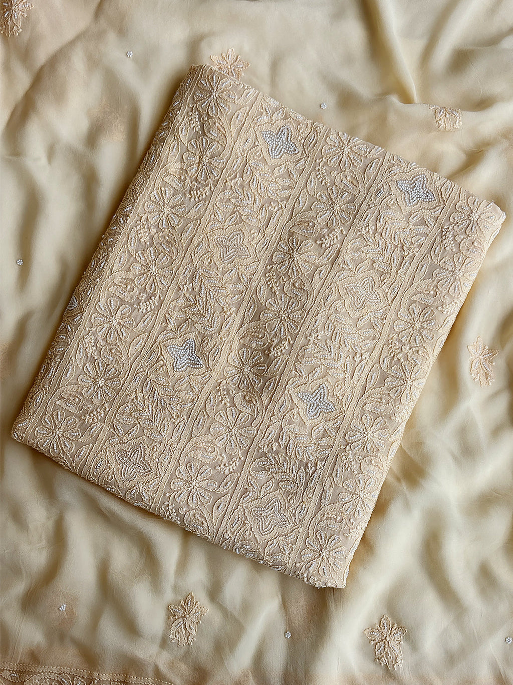 Beige Viscose Chikankari Un-Stitched Kurti Piece with Dupatta