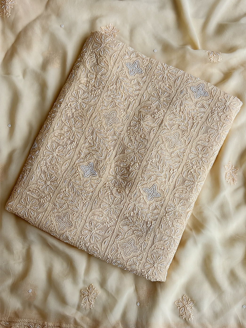 Beige Viscose Chikankari Un-Stitched Kurti Piece with Dupatta