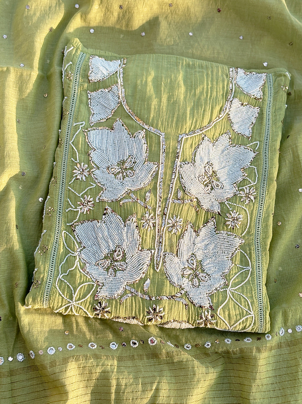 Zara Mul Chanderi Unstitched Kurti Piece with Dupatta - Green
