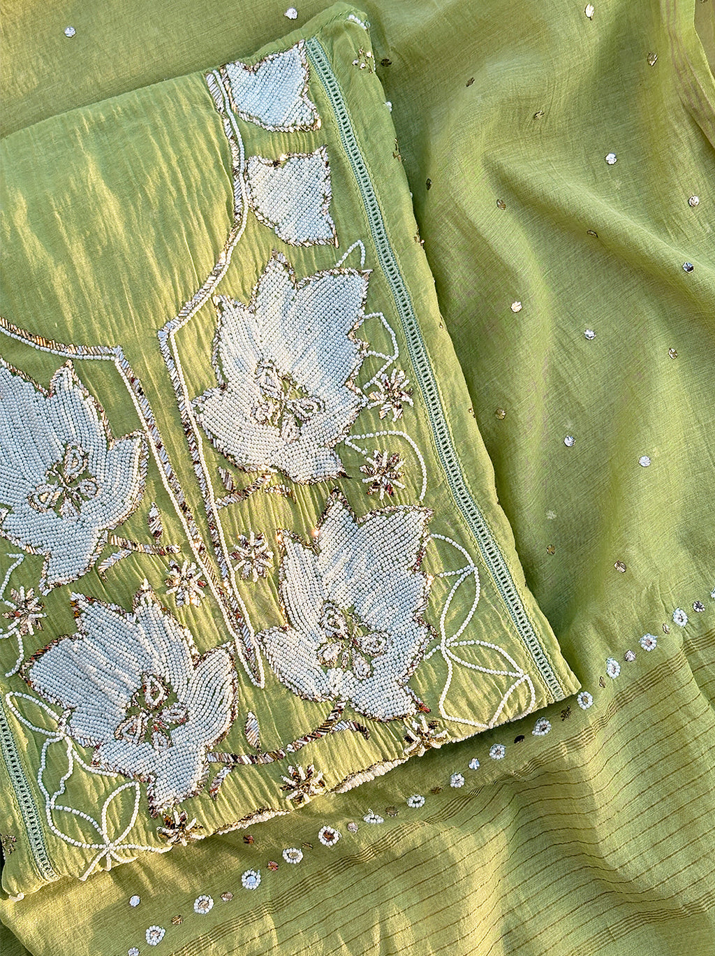 Zara Mul Chanderi Unstitched Kurti Piece with Dupatta - Green