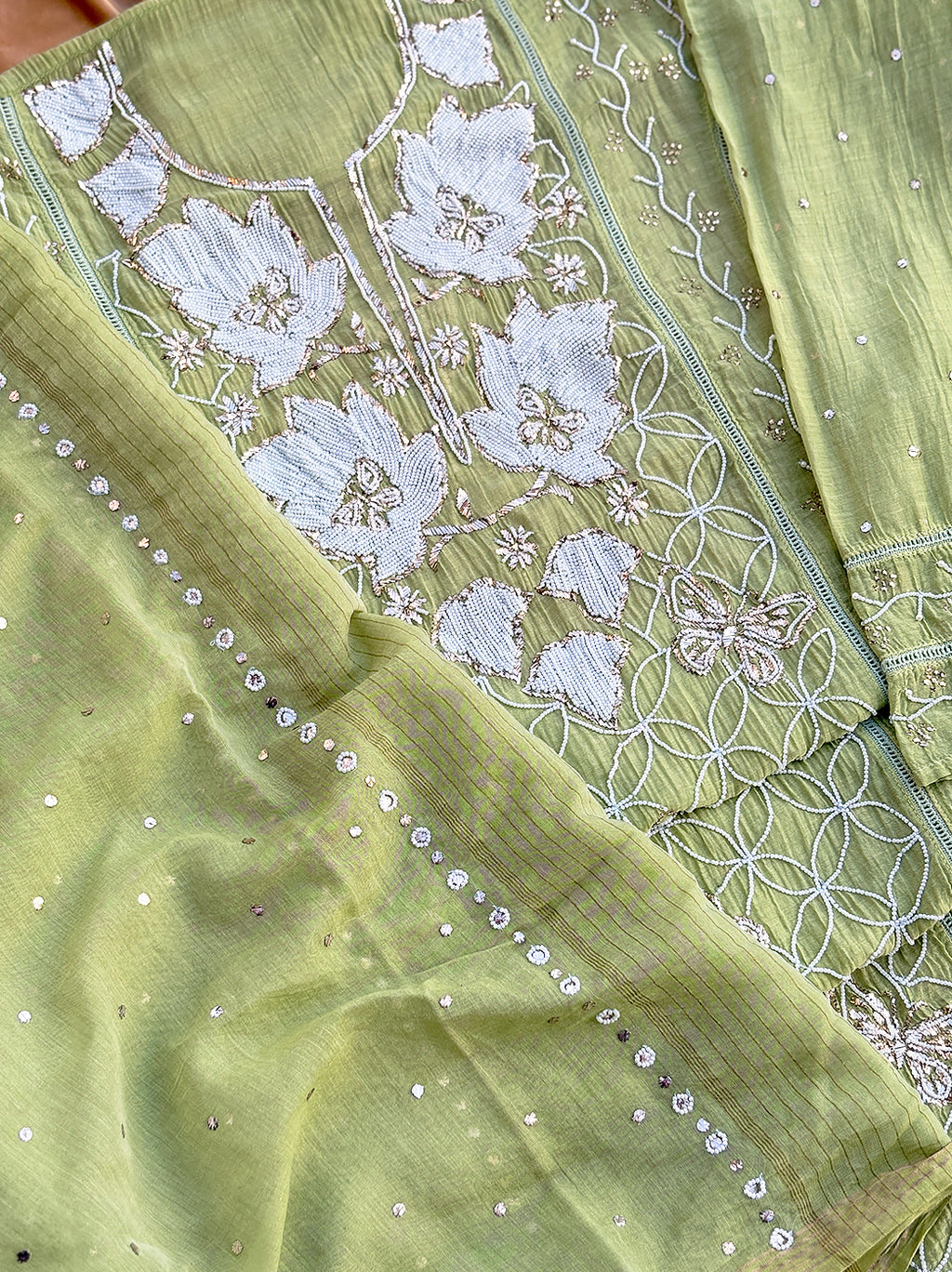 Zara Mul Chanderi Unstitched Kurti Piece with Dupatta - Green