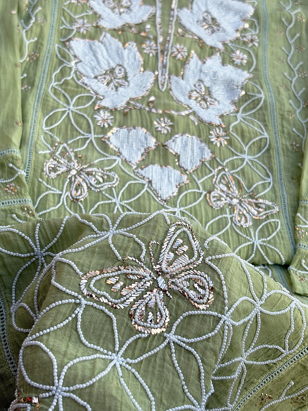 Zara Mul Chanderi Unstitched Kurti Piece with Dupatta - Green