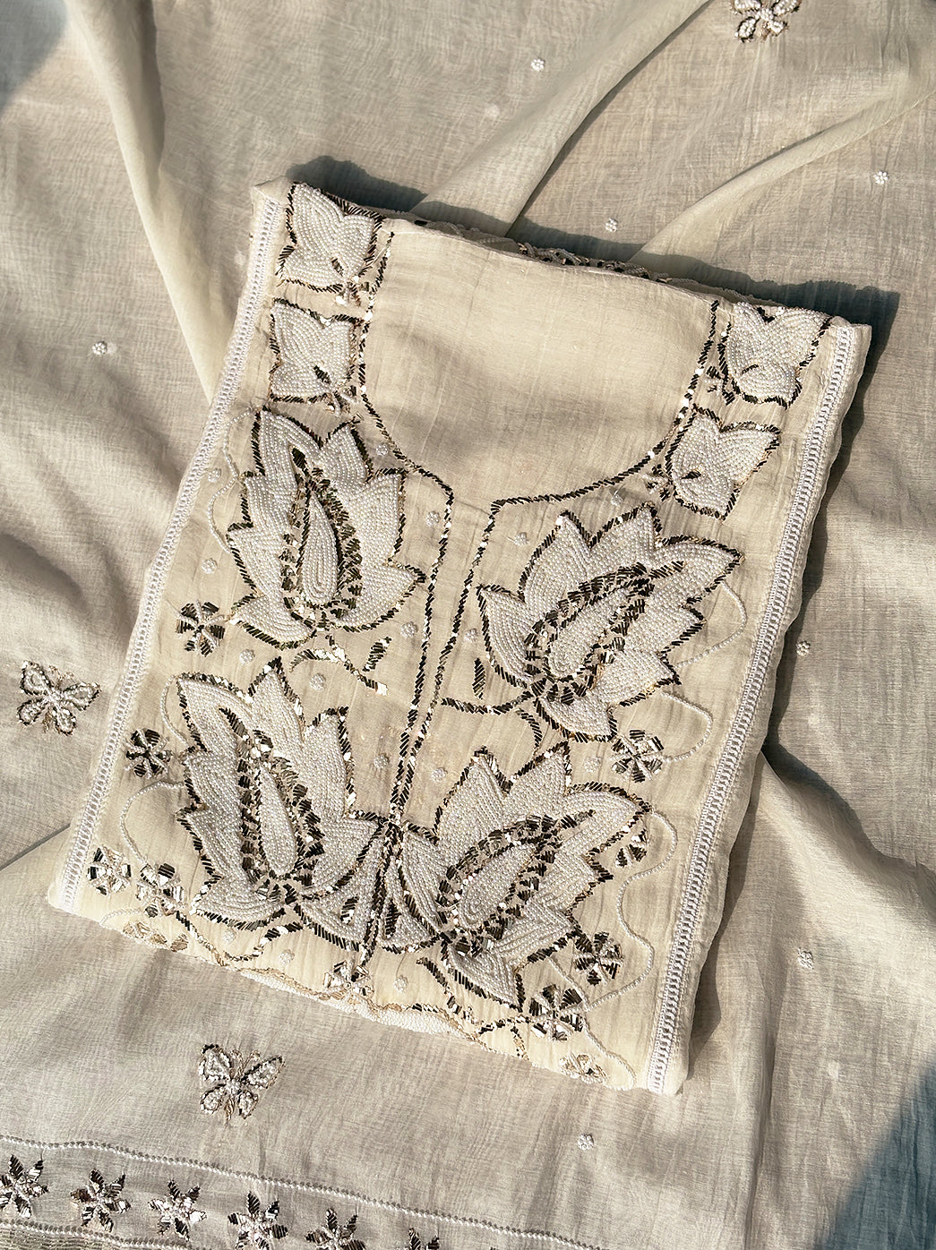 Zara Mul Chanderi Unstitched Kurti Piece with Dupatta - White