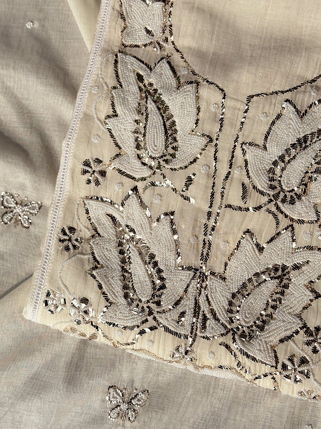Zara Mul Chanderi Unstitched Kurti Piece with Dupatta - White