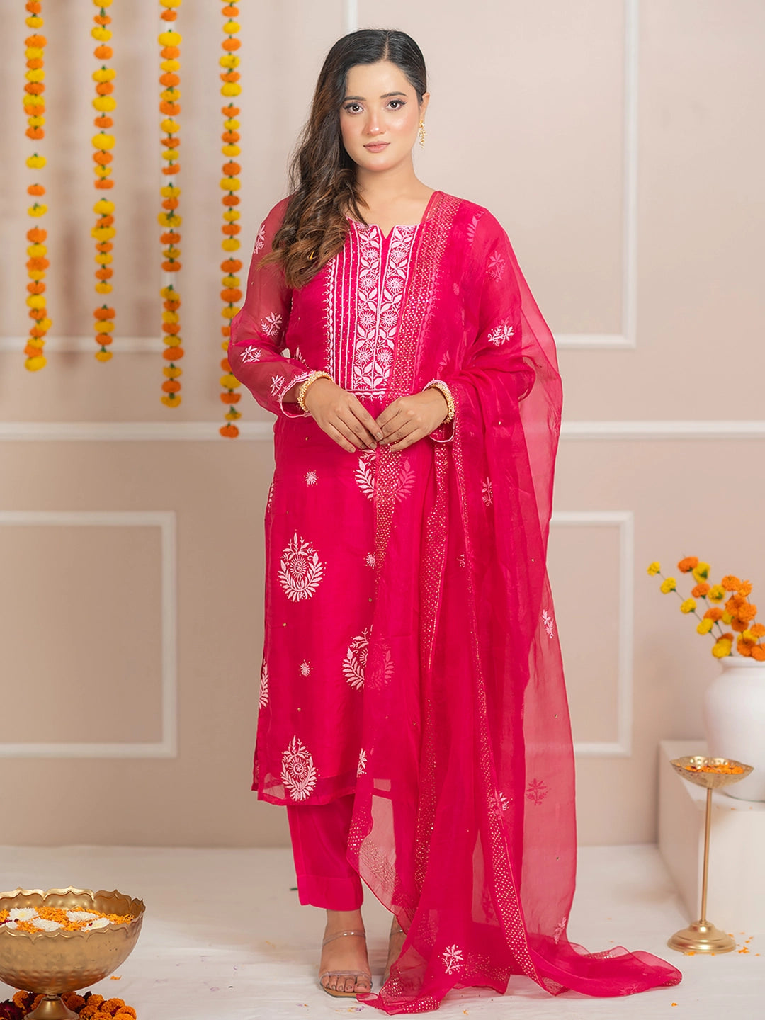 Hot Pink Zariyaan Organza Chikankari Kurta Set