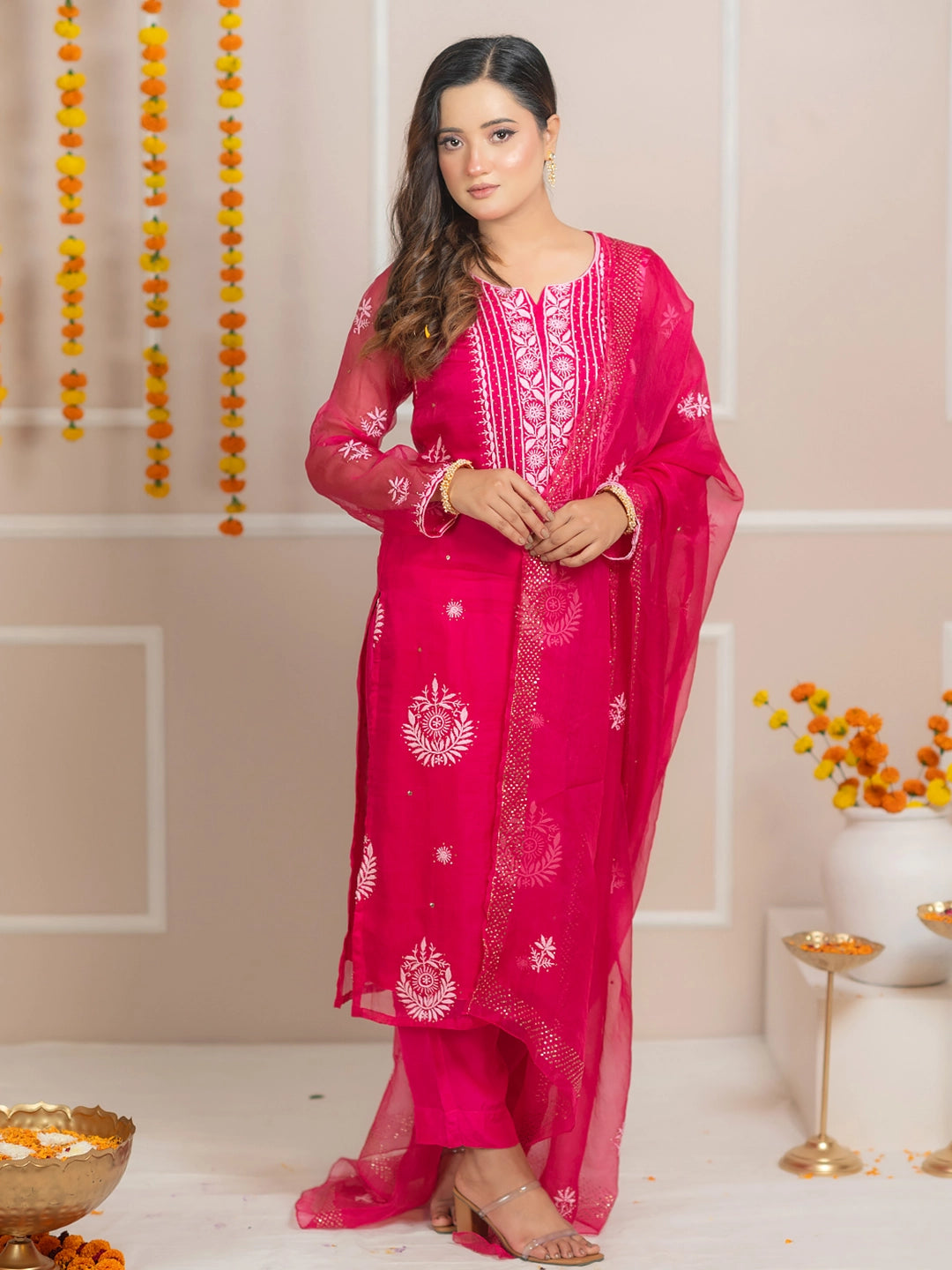 Hot Pink Zariyaan Organza Chikankari Kurta Set