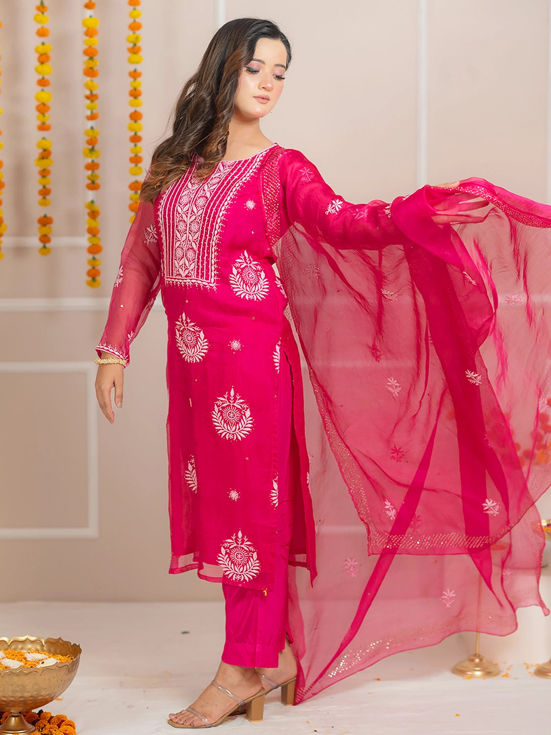 Hot Pink Zariyaan Organza Chikankari Kurta Set