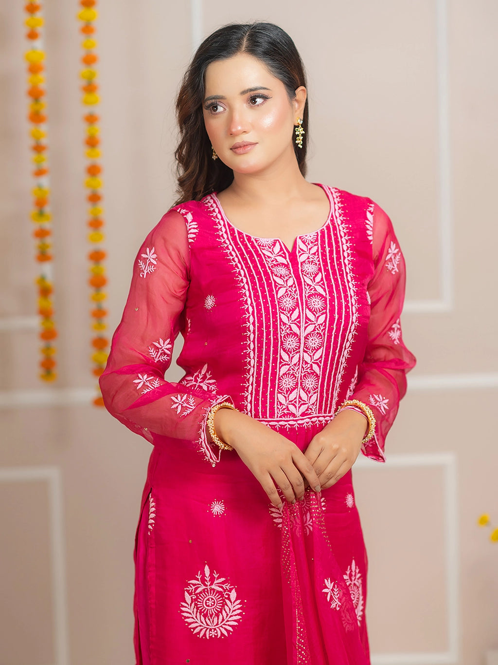 Hot Pink Zariyaan Organza Chikankari Kurta Set