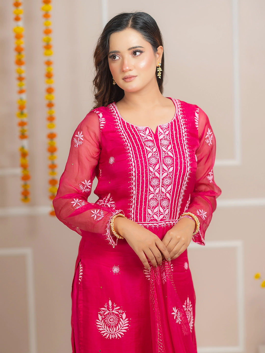 Hot Pink Zariyaan Organza Chikankari Kurta Set