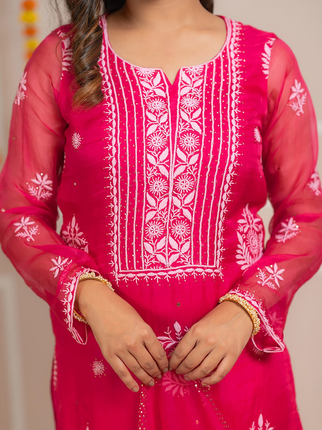 Hot Pink Zariyaan Organza Chikankari Kurta Set