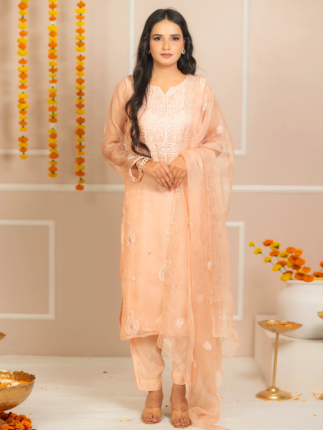 Peach Zariyaan Organza Chikankari Kurta Set
