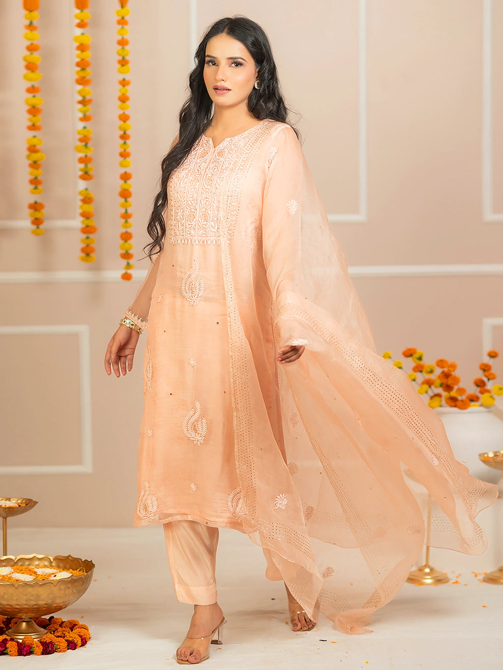 Peach Zariyaan Organza Chikankari Kurta Set