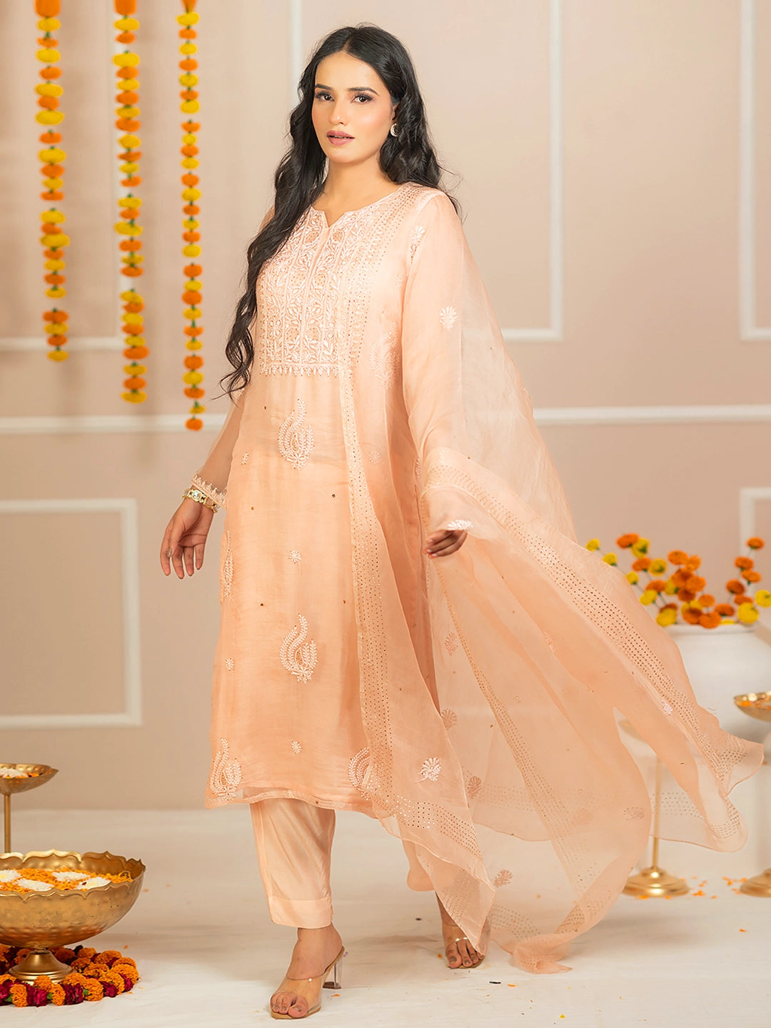 Peach Zariyaan Organza Chikankari Kurta Set