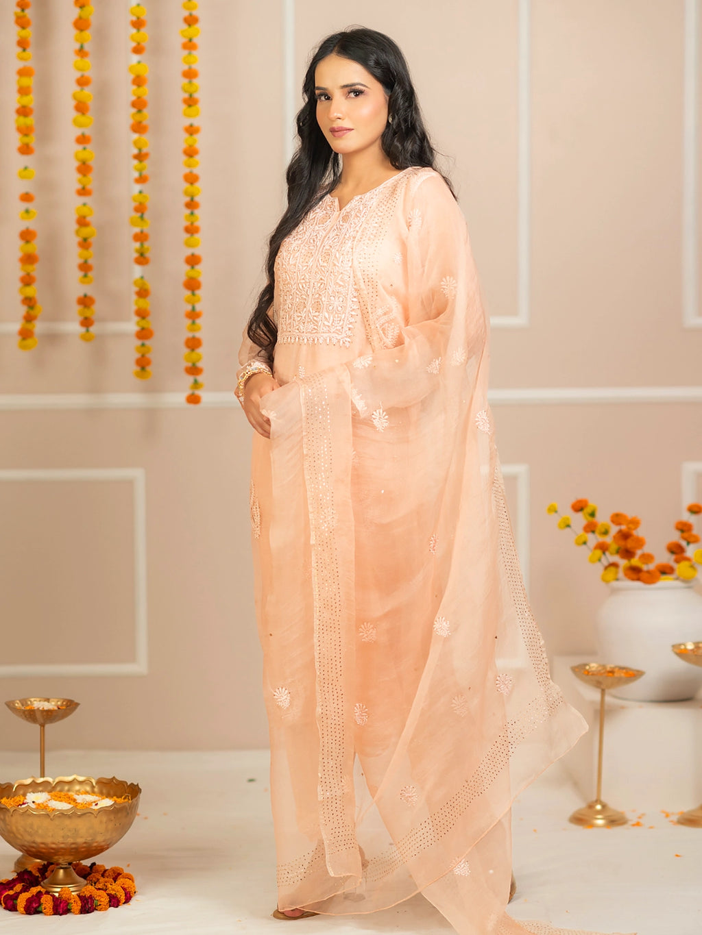 Peach Zariyaan Organza Chikankari Kurta Set
