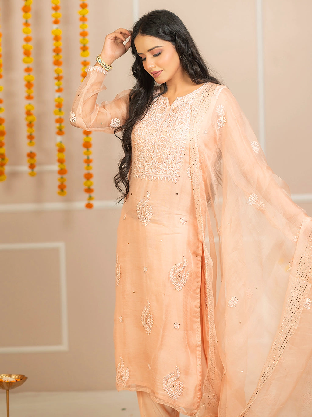 Peach Zariyaan Organza Chikankari Kurta Set