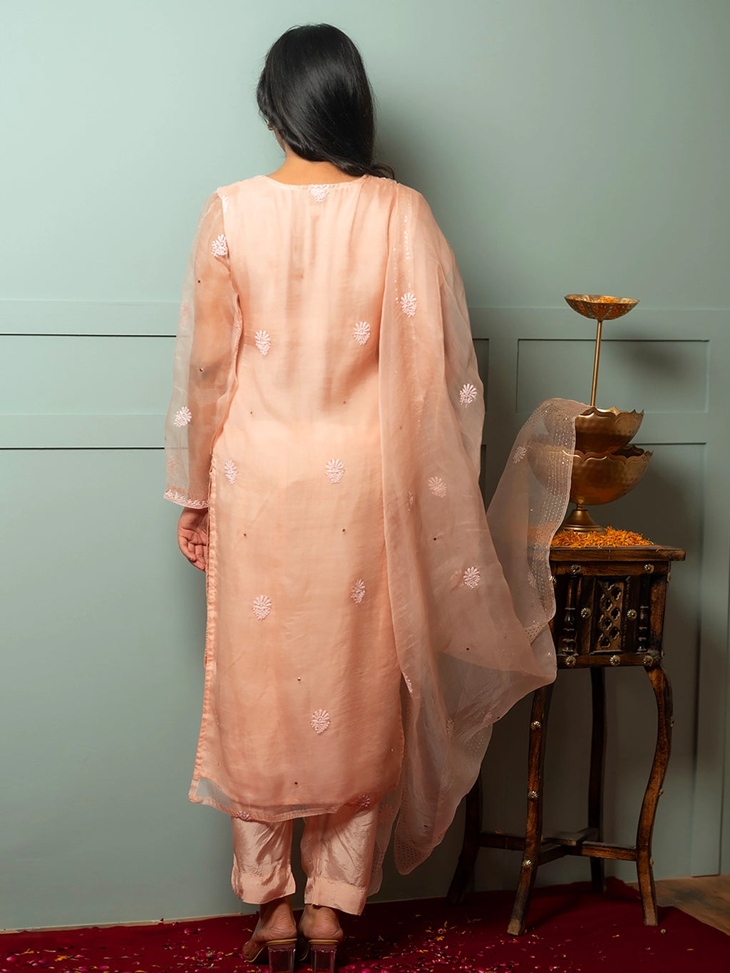 Peach Zariyaan Organza Chikankari Kurta Set