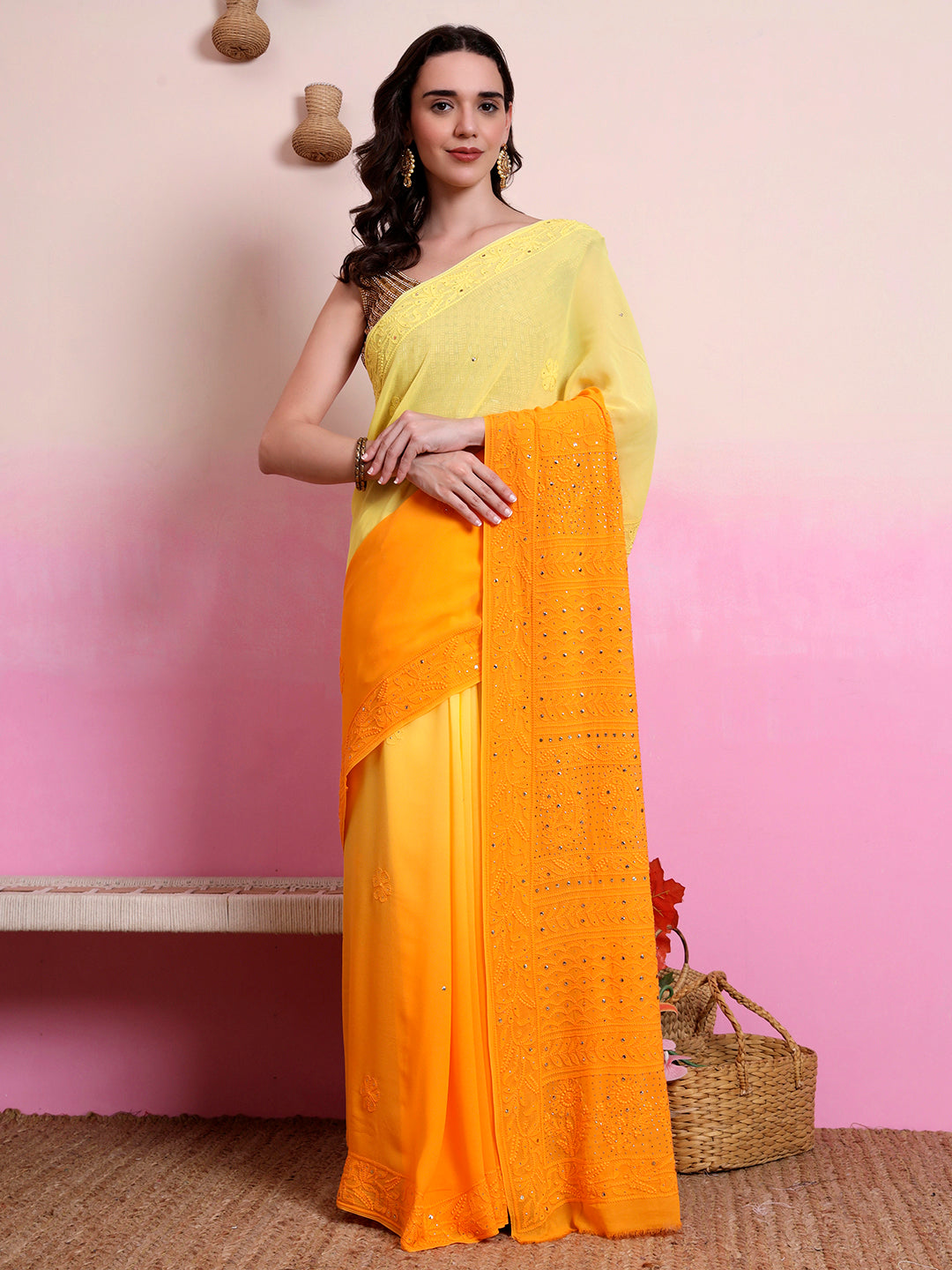Yellow Rashi Viscose Chikankari Embroidered Saree