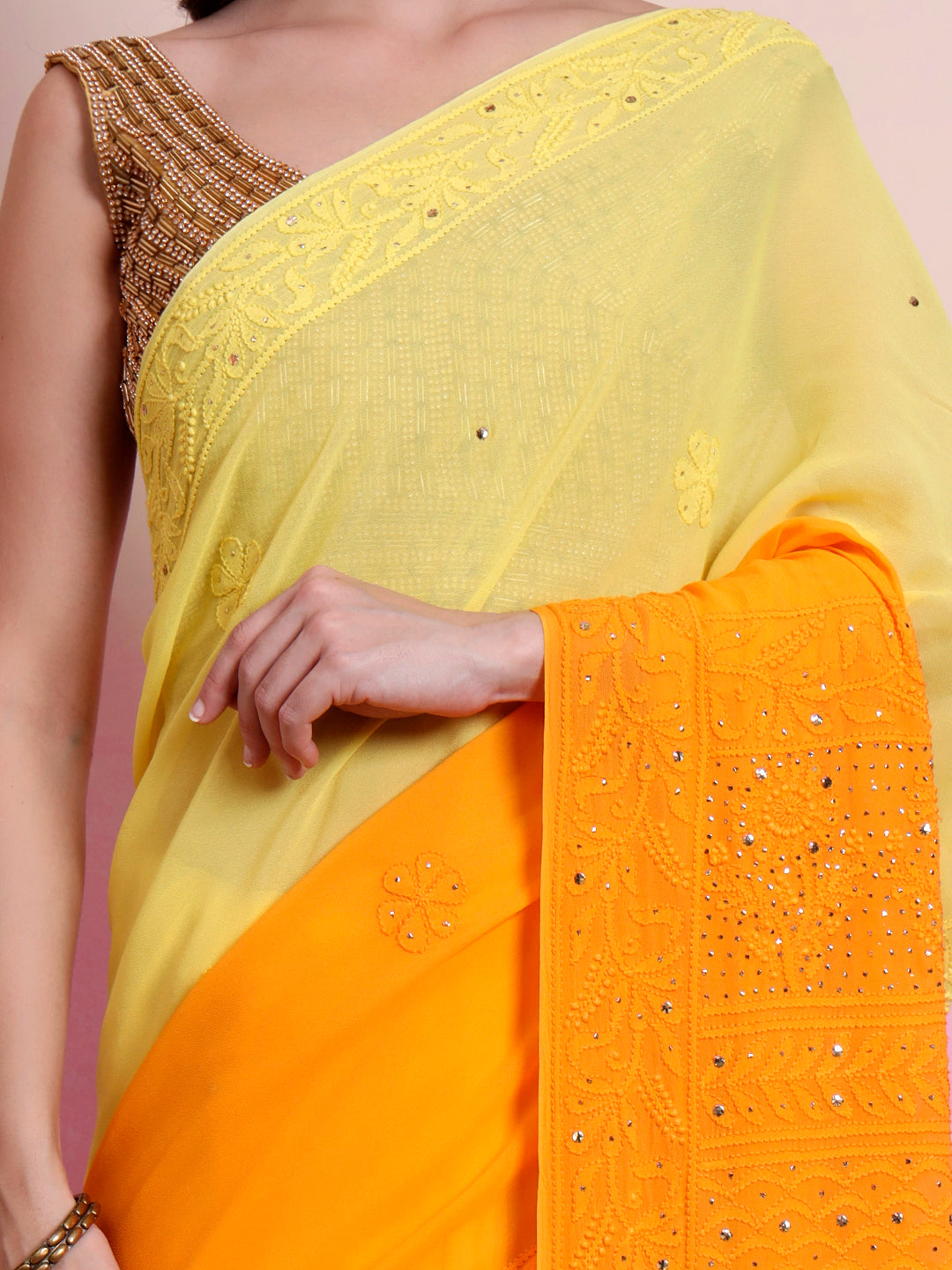 Yellow Rashi Viscose Chikankari Embroidered Saree