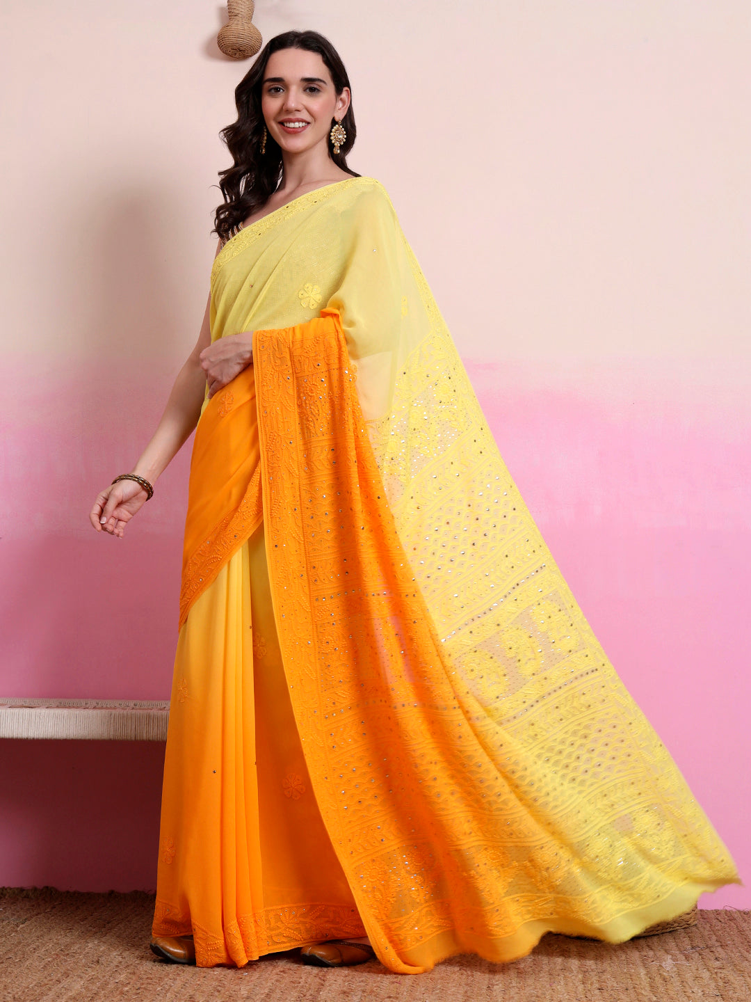 Yellow Rashi Viscose Chikankari Embroidered Saree