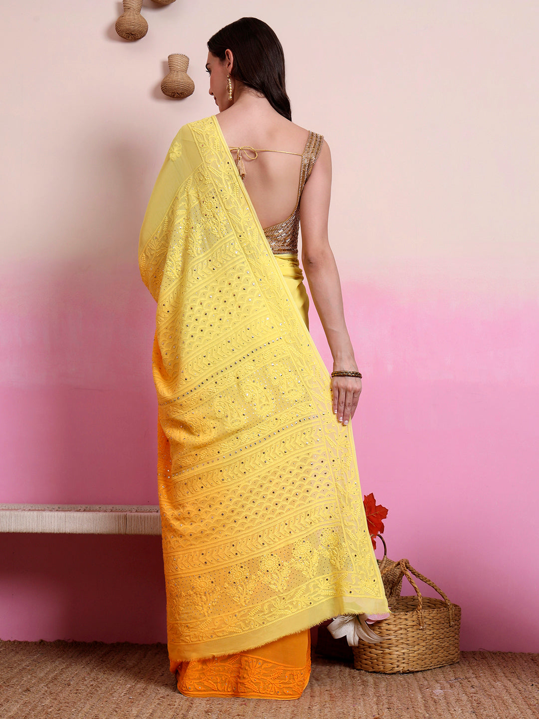 Yellow Rashi Viscose Chikankari Embroidered Saree