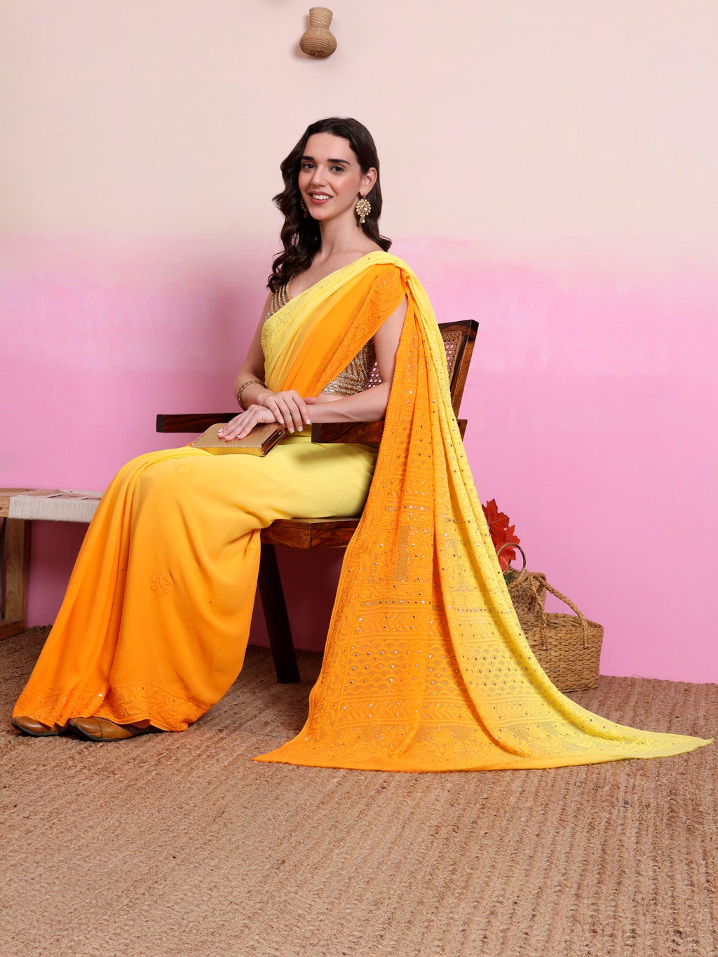 Yellow Rashi Viscose Chikankari Embroidered Saree