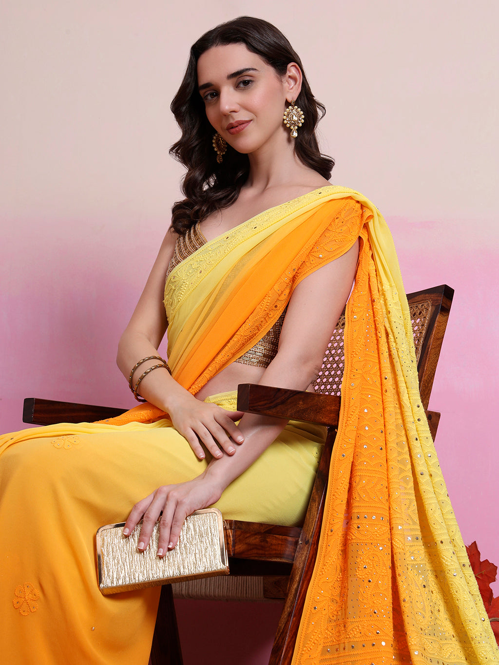 Yellow Rashi Viscose Chikankari Embroidered Saree